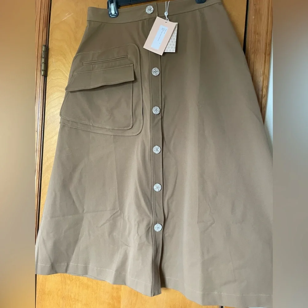 NWT Pearl by Lela Rose Stretch Cotton Button Front Skirt in Camel - Picture 13 of 15